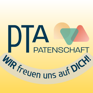 Das Bild zeigt das Logo der PTA-Patenschaft mit dem Schriftzug "WIR freuen uns auf DICH!" auf gelbem Hintergrund.